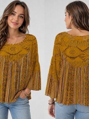 Kings Road Women's Medium Boho Mustard Yellow Crochet Lace Bell Sleeve Rayon Top